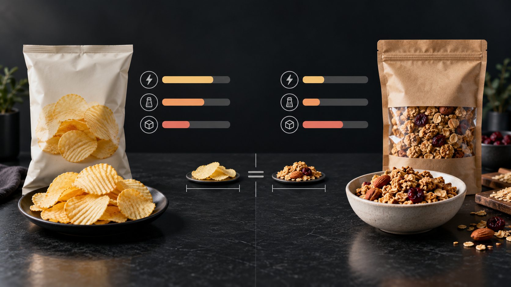 Illustration comparing two unbranded food packages using aligned bars and portions