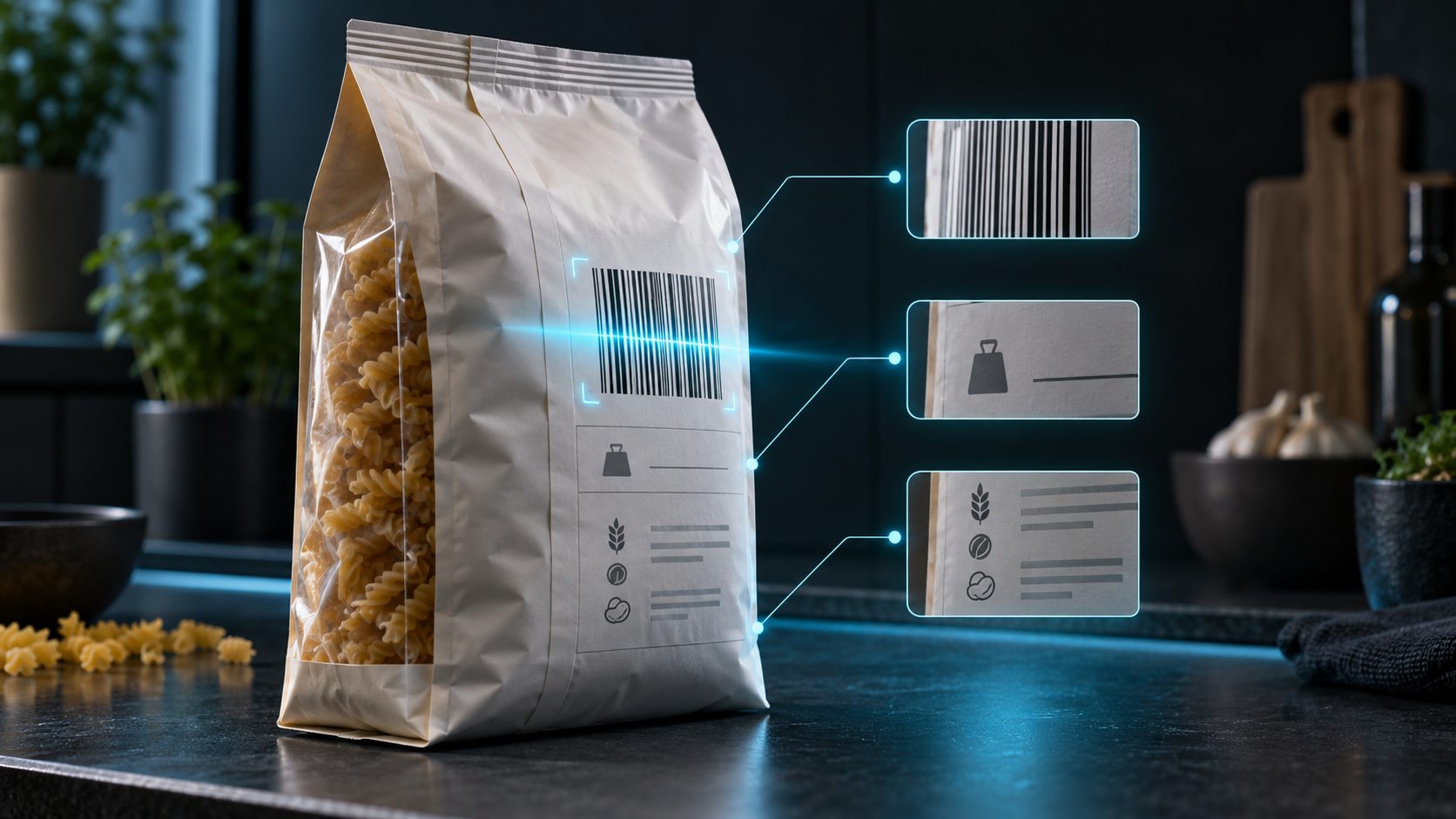 Illustration of an unbranded pasta package connected to barcode pack-size and ingredient panels