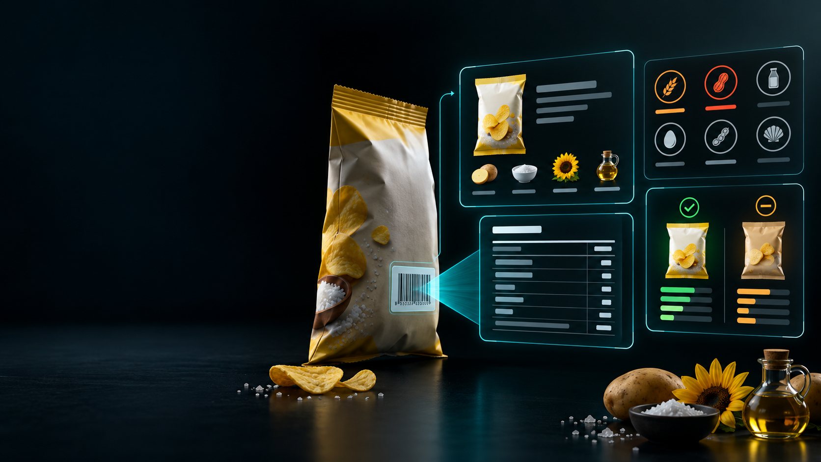 Illustration of an unbranded food package connected to ingredient allergen nutrition and comparison panels