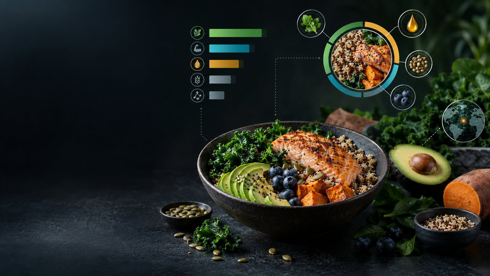 Food and Nutrition Explorer illustration of a bowl of food connected to nutrient panels and source context