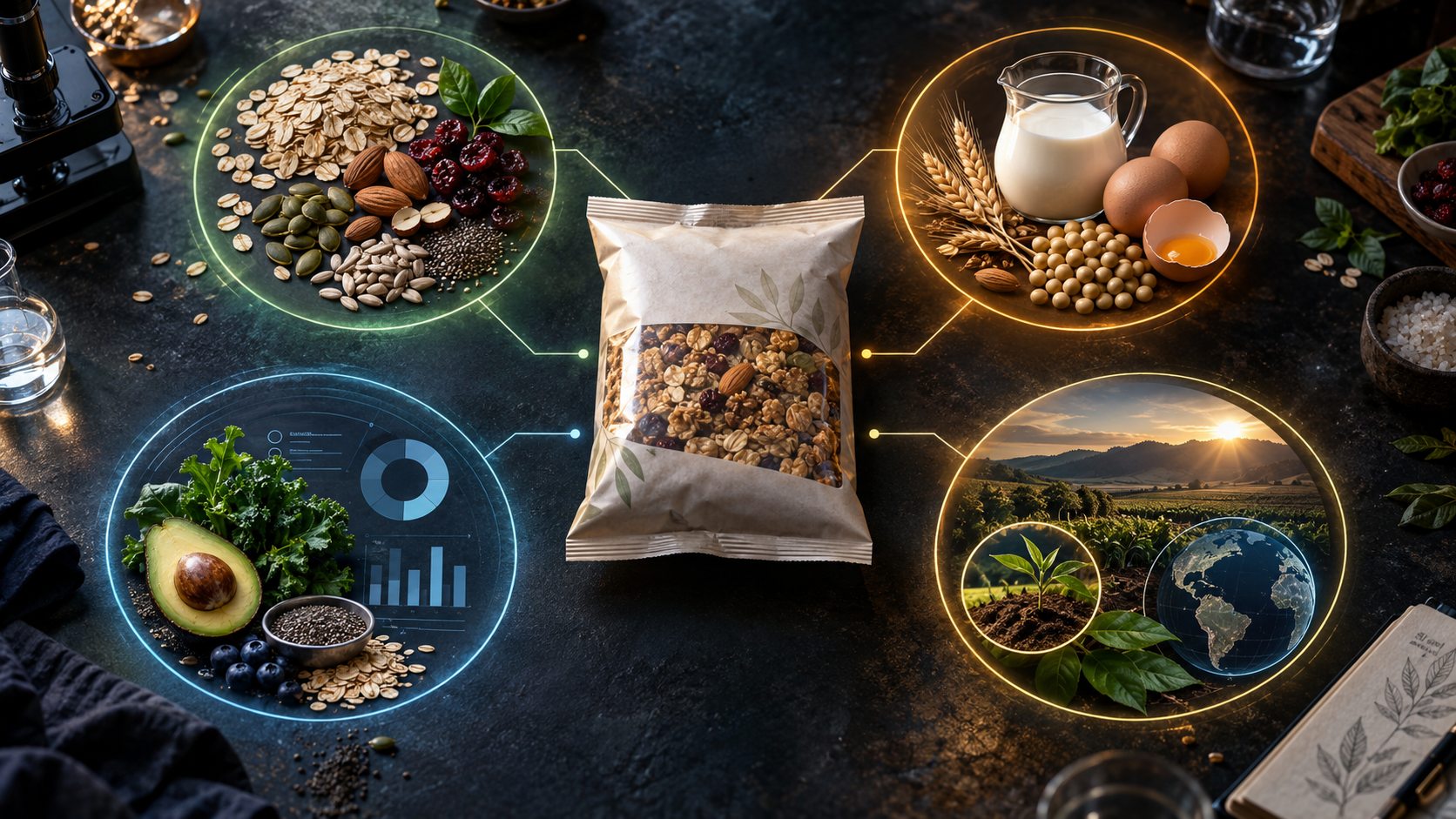 Illustration of a cereal package connected to ingredients allergen-related foods nutrition graphics and source context